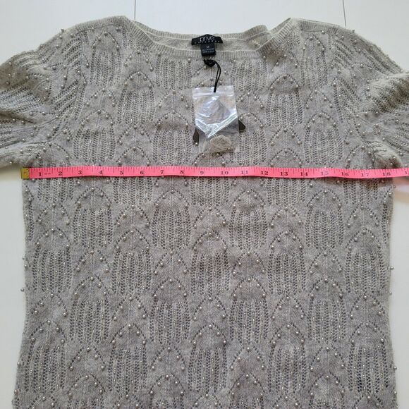 Prive 100% Cashmere Sweater Gray Lace Knit Faux Pearl Beaded Detail 3/4 Sleeve M - Picture 8 of 9